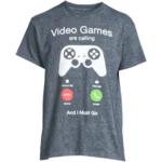 VIDEO-GAMES-ARE-CALLING-TSHIRT-001 - Video Game Depot Gray T-shirt featuring a large white game controller graphic with the words 'Video Games are calling'