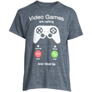 Gray T-shirt featuring a large white game controller graphic with the words 'Video Games are calling'