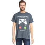 VIDEO-GAMES-ARE-CALLING-TSHIRT-003 - Video Game Depot Man wearing a gray T-shirt with a large white game controller graphic and the text 'Video Games are calling'.