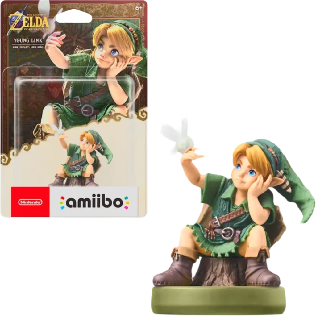 Young Link amiibo figure from The Legend of Zelda, shown outside its packaging with the box and the amiibo logo nearby.