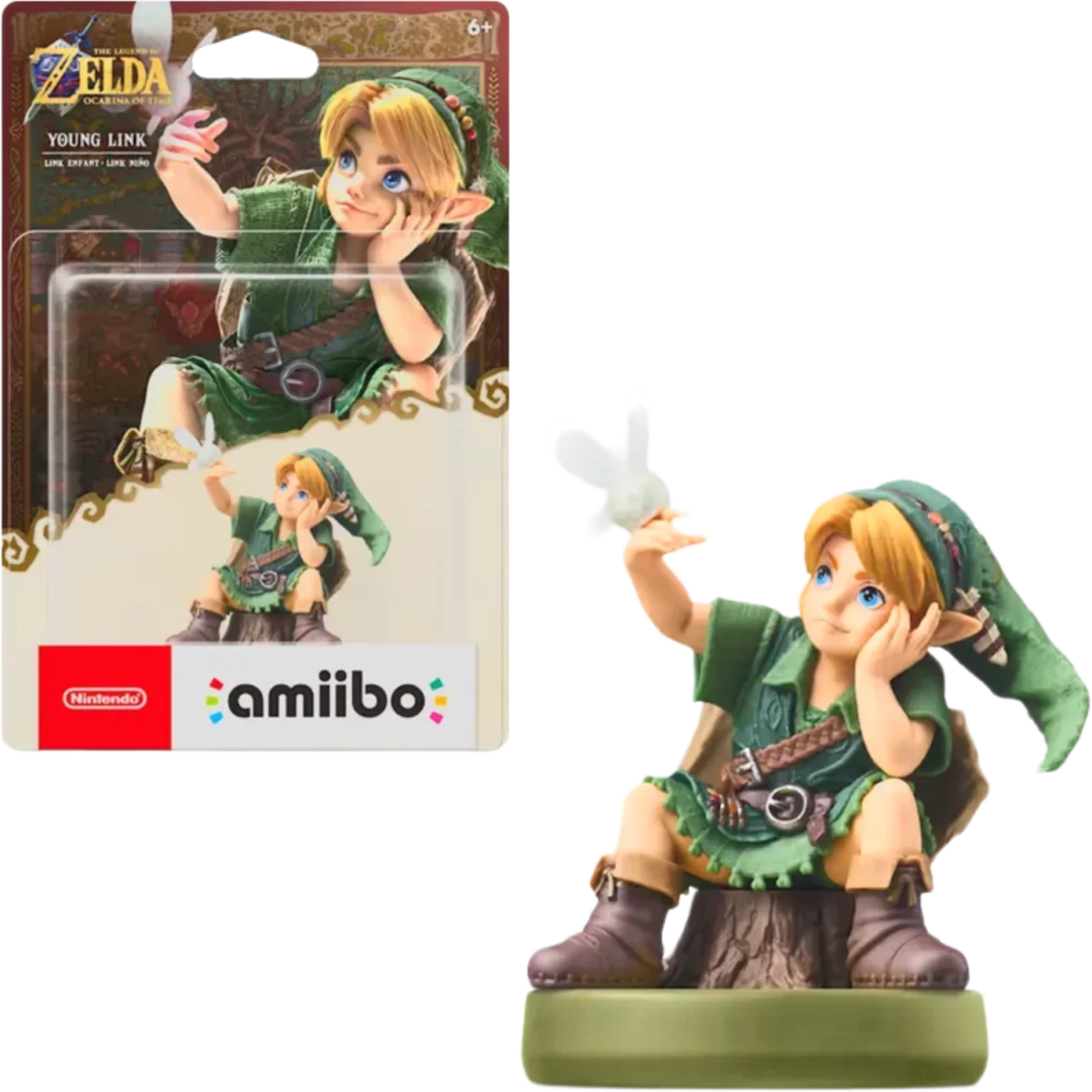 Young Link amiibo figure from The Legend of Zelda, shown outside its packaging with the box and the amiibo logo nearby.