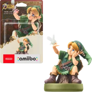 Young Link amiibo figure from The Legend of Zelda, shown outside its packaging with the box and the amiibo logo nearby.