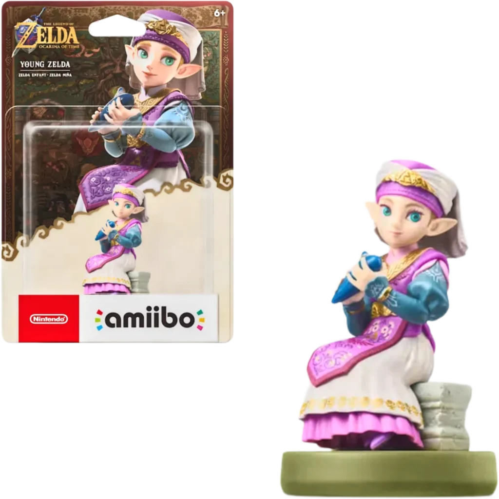 Packaging for The Legend of Zelda: Ocarina of Time amiibo — Young Zelda figure in purple/teal, with Nintendo and amiibo logos visible.