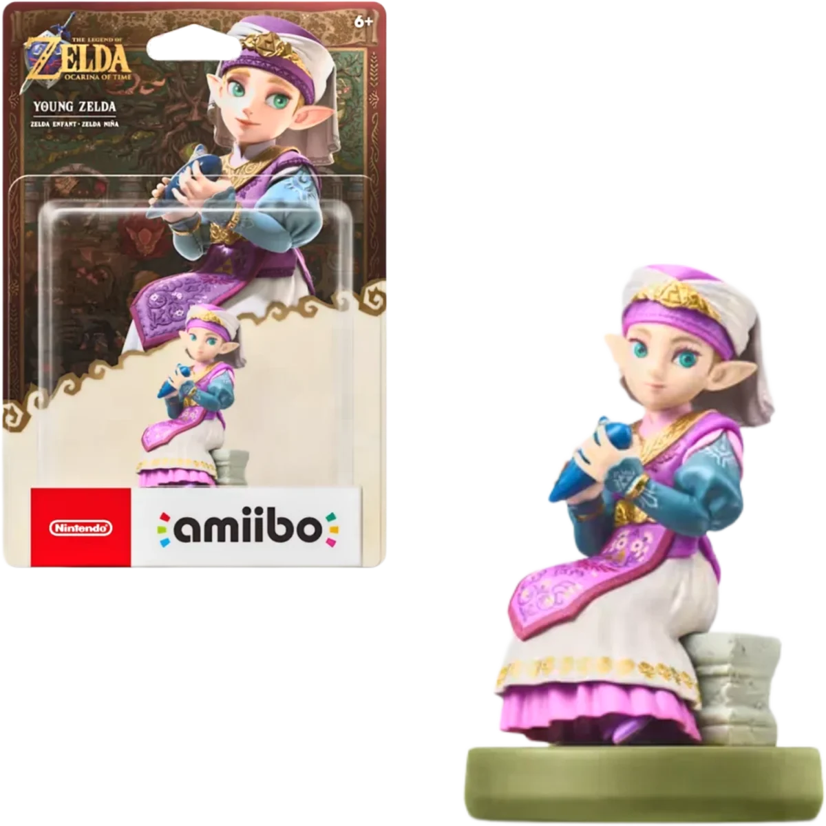 Packaging for The Legend of Zelda: Ocarina of Time amiibo — Young Zelda figure in purple/teal, with Nintendo and amiibo logos visible.