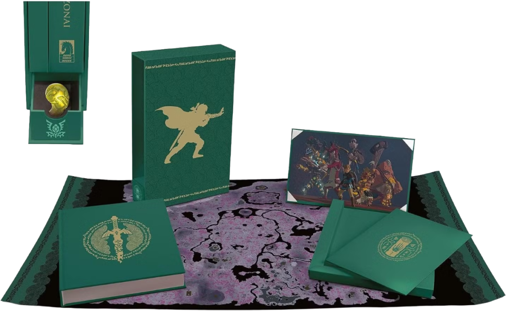 Green fantasy tabletop game set including a large map, green box, books, and character cards displayed on a surface.