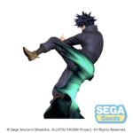 Figure of a Jujutsu Kaisen character performing a midair kick with a green energy trail and SEGA Goods logo in the corner.