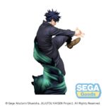 Action figure of a male anime character in a dark outfit performing a high kick, with green energy swirling around his legs.