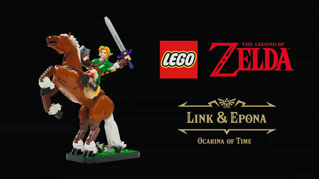 LEGO Link riding a brown horse (Epona) with a raised sword, set against a dark background with LEGO and Zelda logos to the right, reading 'Link & Epona — Ocarina of Time'.