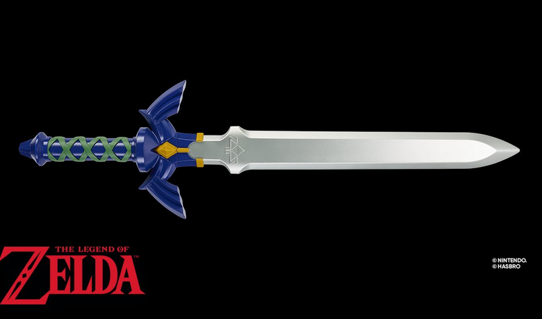 Master Sword from The Legend of Zelda, shown horizontally on a black background with the game logo in red at the bottom-left.