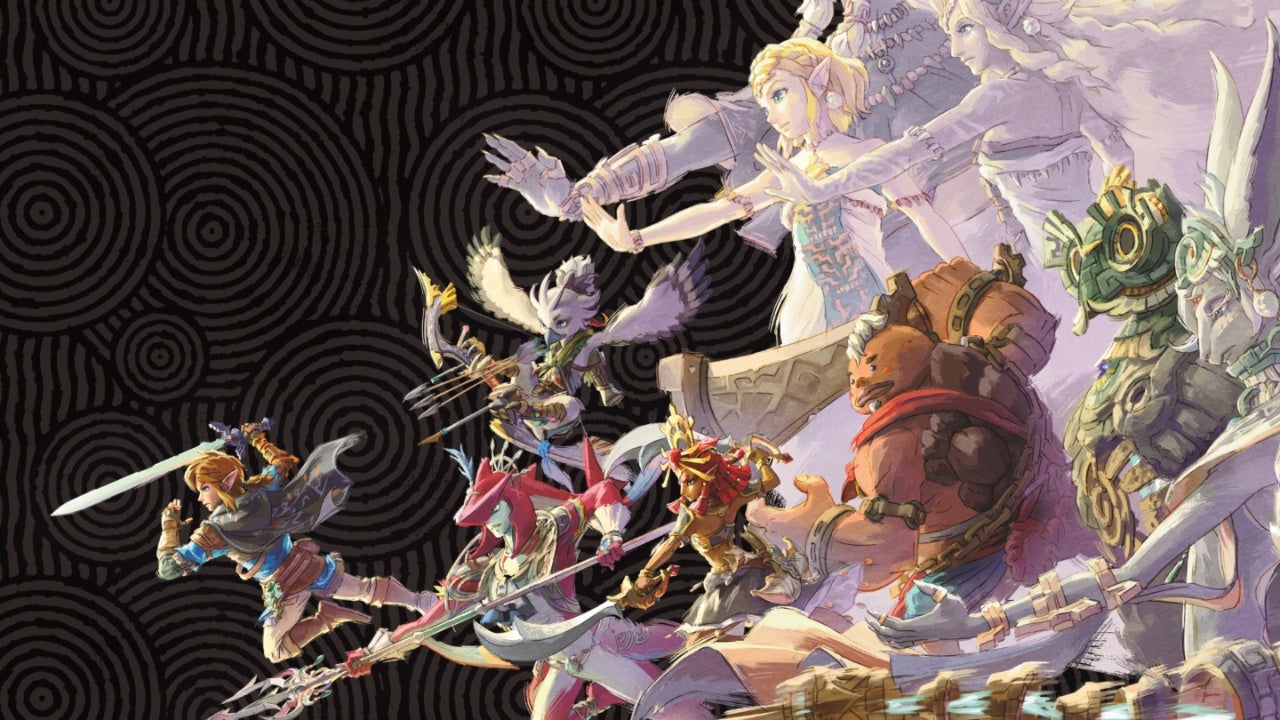 Group of diverse fantasy heroes charging into battle against a dark patterned background, united in motion.