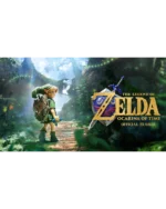ocarina_official_trailer_vgdak - Video Game Depot Link, in green tunic with shield on a forest path, a glowing butterfly nearby, and The Legend of Zelda: Ocarina of Time Official Trailer logo.