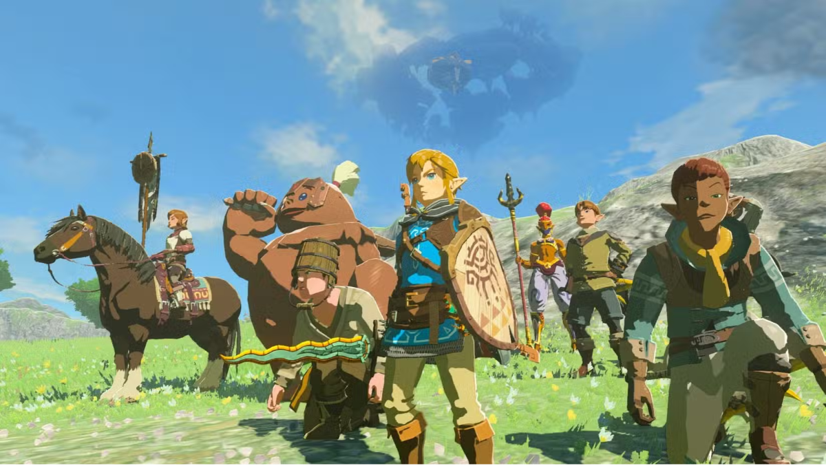 Group of Link-like heroes and allies marching across a sunny meadow, ready for adventure.
