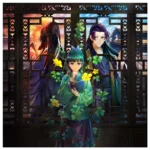 A young woman in a green kimono holds a book among clover vines, with a mysterious man behind a decorative lattice window.