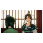 Two women in traditional outfits face each other indoors, one with green hair in a bun and the other with dark hair and blue-green attire by a wooden lattice wall.