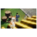 Calico dog stands on gold bars while two people in traditional robes converse on a grassy bank with wooden barrels nearby.