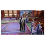 In-game scene: a man in dark blue robes stands in a richly decorated hall while several NPCs speak in dialogue bubbles nearby.