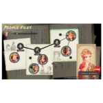 In-game screenshot of a character relationship map labeled 'People Files' with circular portrait icons connected by lines over a notebook background.