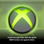 Close-up of a glowing green Xbox button on a dark surface, with the caption: 'Travel through time with the green XBOX button set against black.'