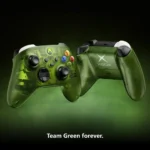 Two translucent green Xbox controllers float against a dark background with the caption 'Team Green forever'.