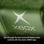 Translucent green Xbox back case showing a large white Xbox logo and branding?