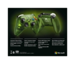 Two translucent green Xbox controllers on a dark gradient background with a Microsoft logo in the bottom-right corner.