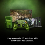 Xbox gaming setup: green Xbox console and controller in front of a monitor displaying an action game, promoting Xbox Game Pass Ultimate for console, PC and cloud.