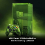 Xbox Series X25 Limited Edition console and green controller with glowing neon backdrop, announcing the 25th anniversary collection