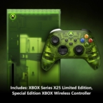 Promotional image of a green translucent Xbox Series X and matching limited edition wireless controller, with supporting text at the bottom reading the included items.