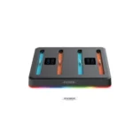 Four-slot game controller charging dock with RGB lighting and colorful handles (blue and orange) by DOBE, viewed from front-left.