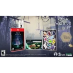 Rain World anthology for Nintendo Switch with game case, soundtrack download card, holographic sticker sheet, and DLC info.
