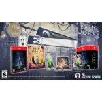 Rain World Collector's Edition bundle displayed with game case, artbook, scarf, keychain, and download card pieces on a dark art background.