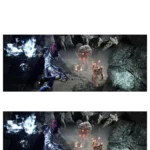 Two armored fighters battle a glowing fiery monster in a dark rocky cavern. A blue-armored hero in the foreground faces a glowing red foe among jagged walls.