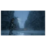 Armored warrior with a long cape standing in a snow-covered, ruined city street, blue-tinted ruins in the background.