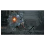 A colossal monster with a glowing orange core attacks a man in a ruined city street at dusk or night.] } }?Oops Ḥ Wait format.