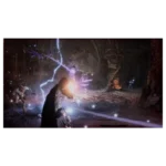 Dark cavern battle scene with a mage charging purple lightning against looming foes.