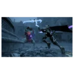 A armored knight with a flowing cape clashes with a glowing monster in a icy dungeon arena.
