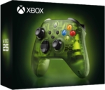 Xbox wireless controller with a translucent neon-green shell displayed on a black box with the Xbox logo and '25' text.