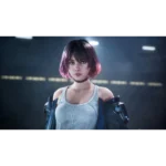 3D-rendered woman with short pink-purple hair, black choker, white tank top, and exposed shoulders in a dim sci-fi setting.