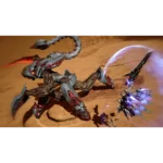 Massive dragon-like combatant battles a squad of futuristic mechs in a desert landscape, red accents glowing on the creature's body.