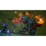 Huge armored monster unleashes fiery blast in a sci-fi battle, clash with a glowing robotic foe on a futuristic platform