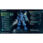 Mech customization screen showing a blue Gundam-like suit with weapon loadout panels on both sides.