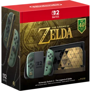 Nintendo Switch The Legend of Zelda 40th Anniversary Edition packaging with gold Zelda artwork and green joy‑cons shown on the box cover, front.