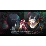 Two anime-style characters confront each other in a dark, cracked backdrop; the man with glasses touches the woman's hand, glowing red, with dialogue text overlaid: 'Rena Hizuki ... You're on the fringe. You took some, didn't you? «Tiny True»?'