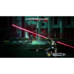 Player character in neon-yellow-and-black outfit slashes a red energy beam at zombie foes in a dark city street; HUD shows HP and level info.