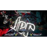 In-game battle screenshot of a dark dungeon boss fight with a large neon white logo overlay and party HP/status bars at the bottom.