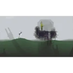 A tiny figure stands on a grassy hill, facing a large, ruinous platform with hanging roots rising from dark water in a surreal scene.