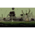 Post-apocalyptic landscape with ruined platforms, hanging bridges, and a large skeletal bird-like creature on the right.