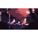 Four stylized rabbits fencing with swords on a dark, neon-lit bridge at sunset.