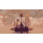 Futuristic floating platform with gears, antennas, and tall spires rising above a dusty orange cloudscape.