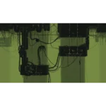 Industrial silhouette with interconnected pipes and cables in a dim green-toned factory scene.